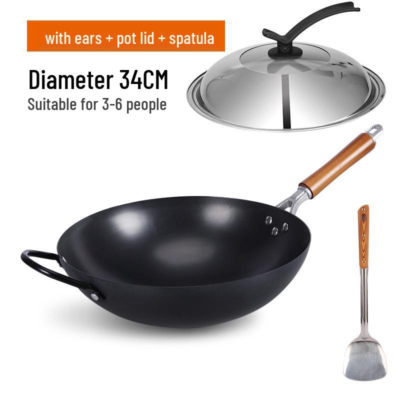 Old-Fashioned Non-Coated Cast Iron Wok, Round Bottom, Non-Slip, Non-Stick, Gas Stove Compatible, Nitrided Fine Iron.
