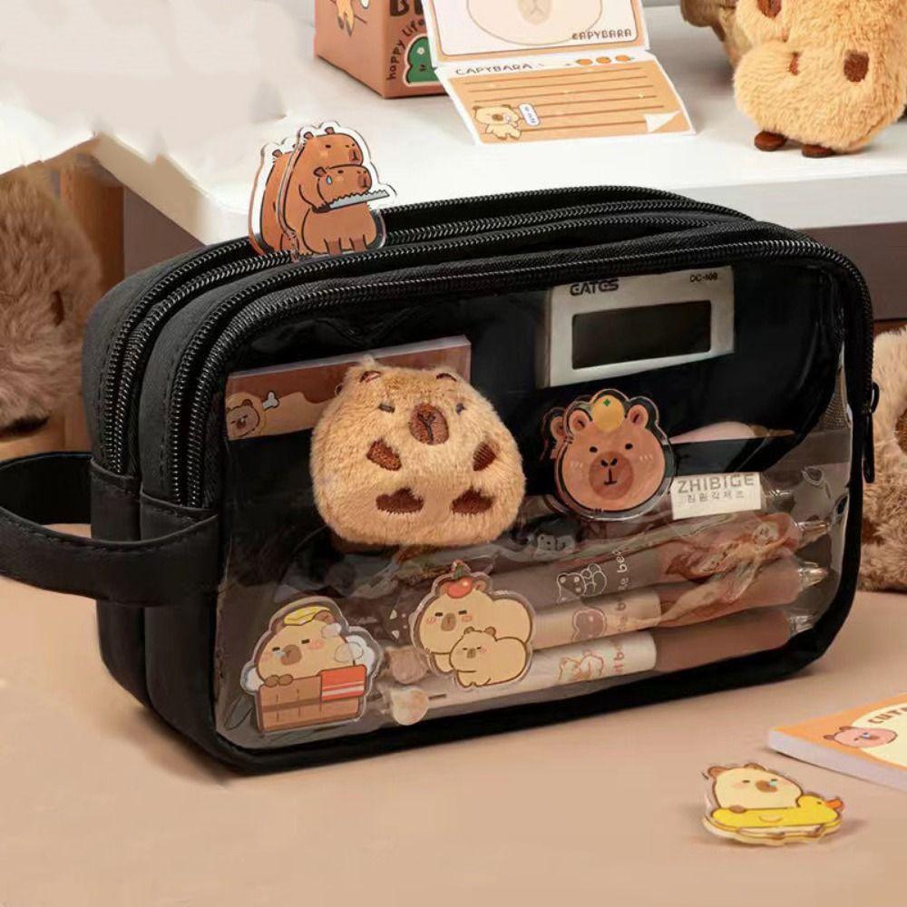 Creative Capybara Pen Case 5 Layers Large Capacity Cartoon Pencil Box with Front Pocket Cute Capybara Pen Holder School Supplies