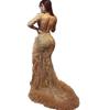 Golden Sexy Evening Dress Women's New Banquet Atmospheric Wedding Dress Party Host Long Fishtail Dress