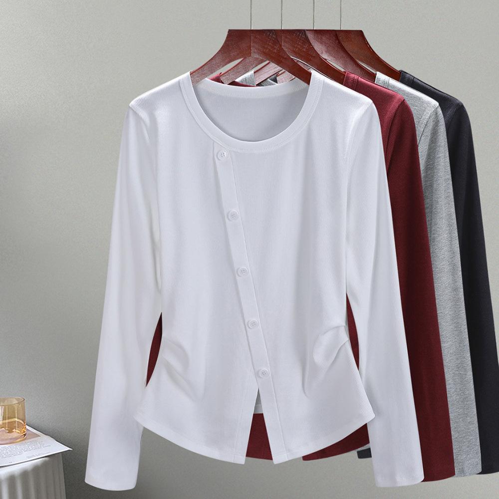 Design Sense Crew Neck Irregular Long Sleeve Women's Autumn Slim Skinny Button Top Versatile Bottom Shirt