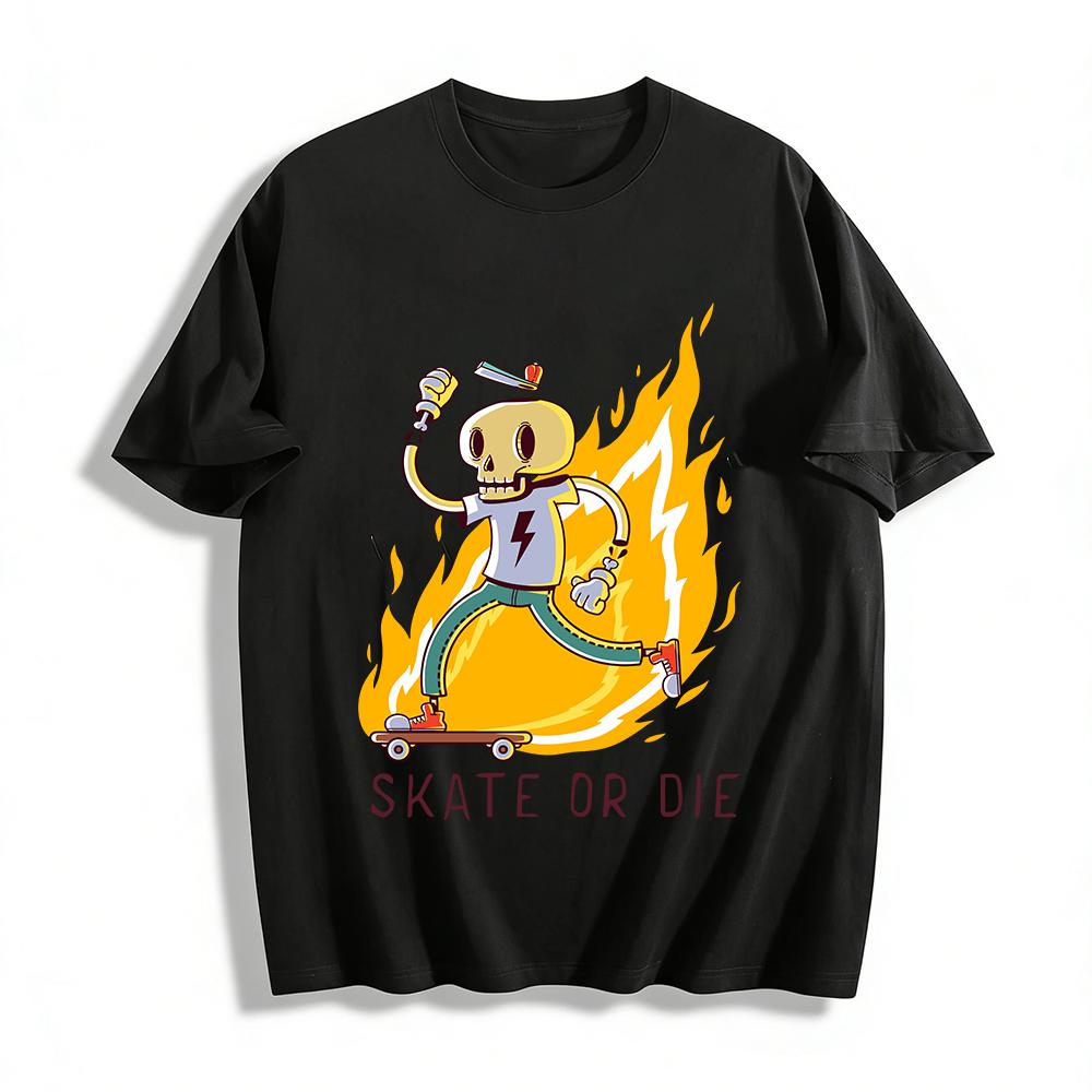 Skate Or Die Flame Skull Graphic Street Style Short Sleeve Tee Pure cotton T-shirt XXS