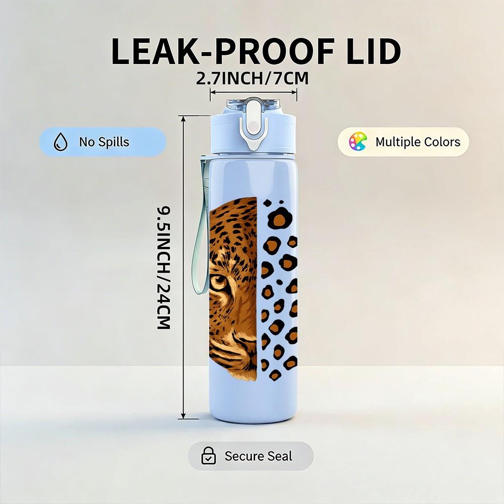 1PC Half Leopard Half Tiger Face 750ml Color Plastic Sports Water Bottle Leakproof Flip Straw Lid Suitable for Sports Office Home Use