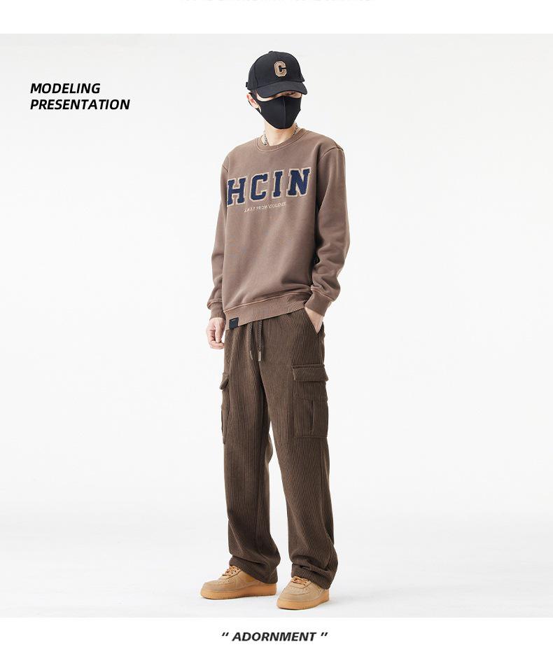 Men's Winter Corduroy Work Pants: Fleece-Lined, Thick, Loose, Wide-Leg, Straight Casual.