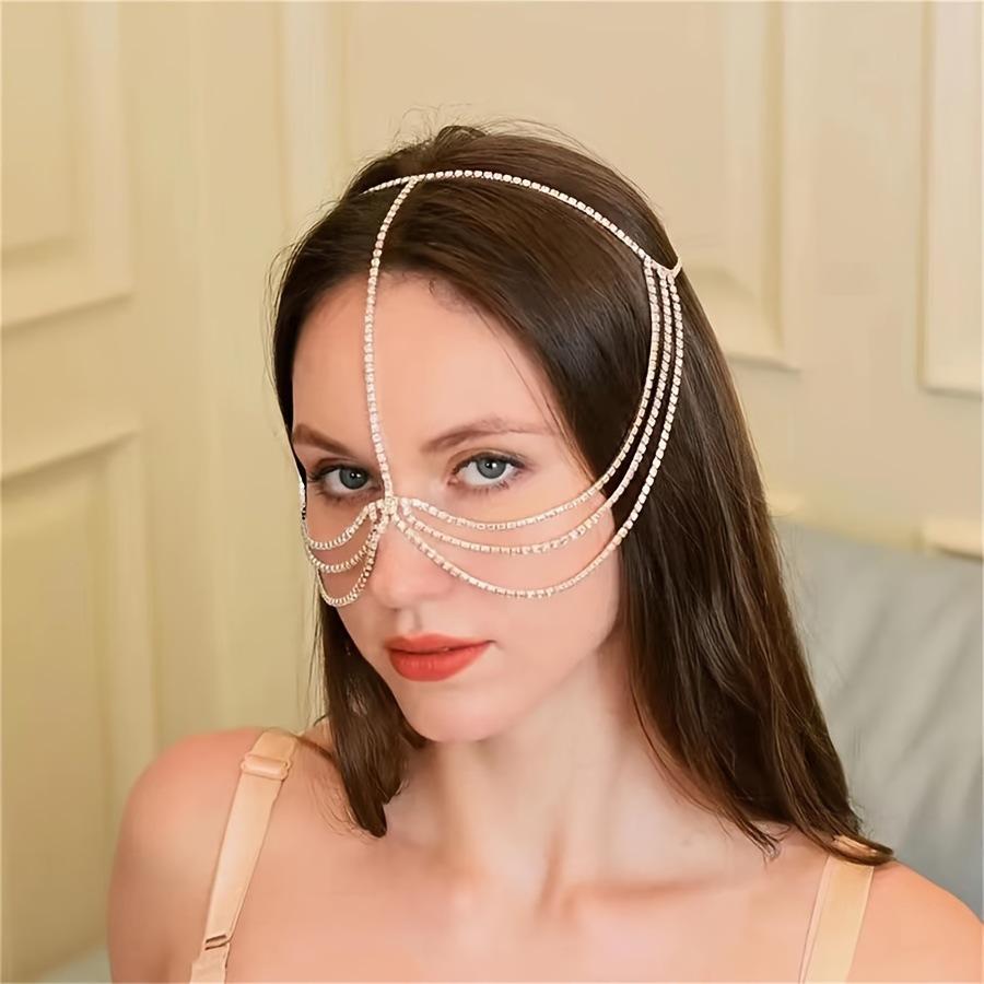 Exquisite Rhinestone Tassel Forehead and Mask Chain Hairpiece for Bridal Jewelry
