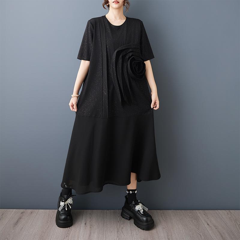 Short sleeve Plus size black vintage floral new in dresses for women casual loose long summer dress