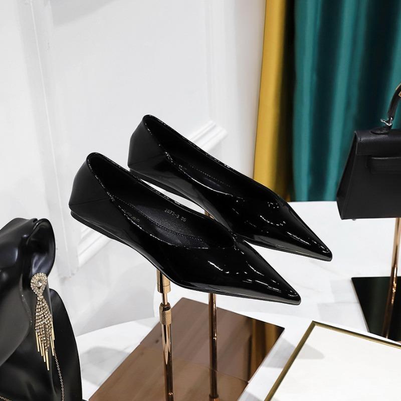 Mode Damen 1cm Niedrige Absätze Arbeit flache Schuhe Damen Lackleder Spitze Niedrige Absätze Dame Prägnant Büro Täglich zum Hineinschlüpfen Flache Schuhe