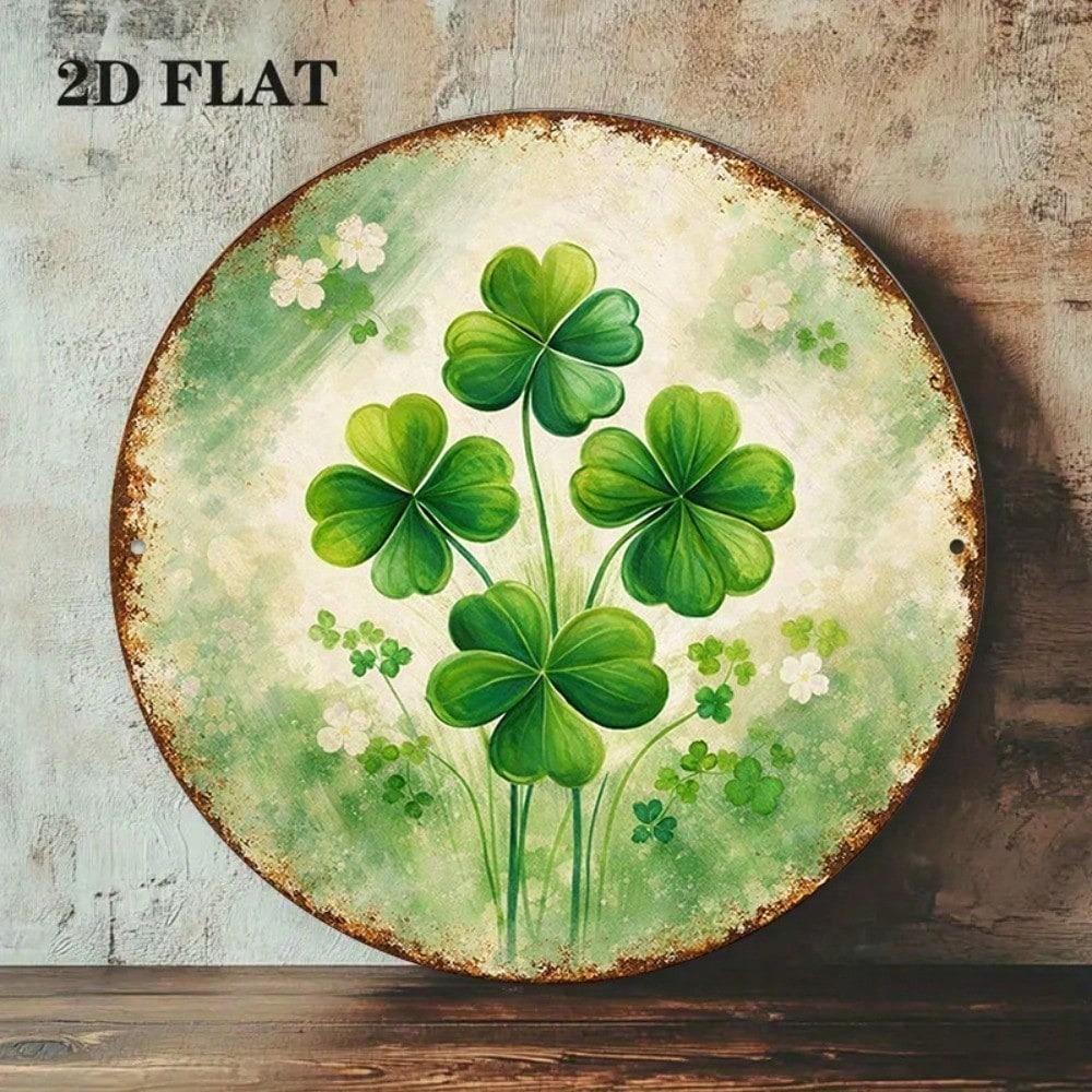 1pc Vintage Four Leaf Clover Round Tin Sign 8x8in Retro Irish Luck Metal Wall Plaque 2D Flat Decor For Bar Cafe Restaurant Office Home