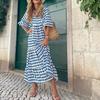 Women Dress Geometric Print Large Hem Autumn Bohemian Ruffles Long Dress for Beach