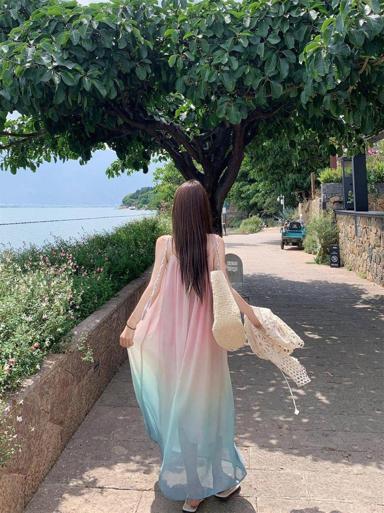 Korean Sweet Gradient Spaghetti Strap Beach Dress - 2026 Summer Seaside Vacation Design