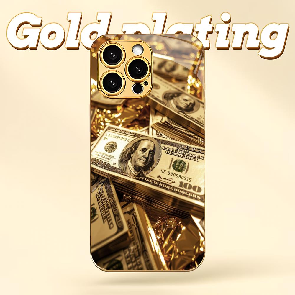 USD Banknote Pattern Electroplated Glass Phone Case Suitable for iPhone 17 16 15 14 13 12 11 Pro/Max/Plus Shockproof Back Cover