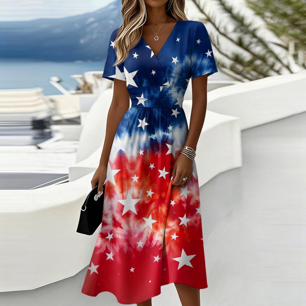 Women's Independence Day Print Casual Fashion Short Sleeve V-Neck Dress