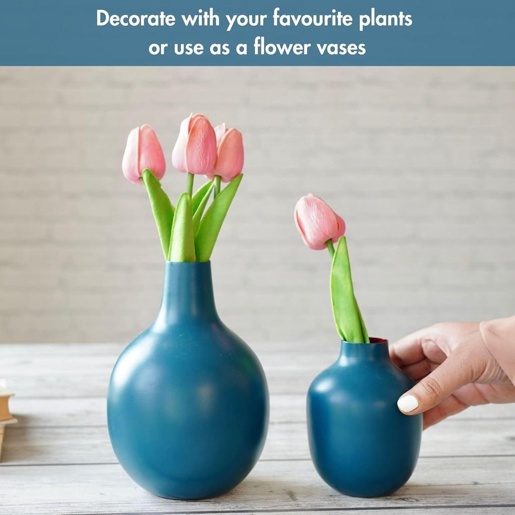Opal Blue Metal Flower Vase for Home Decor| Decoration Item for Living Room Office| Table Decorative Flower Pot for Gifting | (Pack of 2, Opal Blue