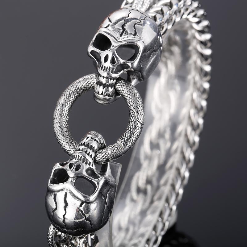 Cooles Skelett-Totenkopf-Armband für Männer aus poliertem Edelstahl, 13 mm breite Doppelgliederkette, Herrenarmbänder, Punk-Gothic-Schmuck