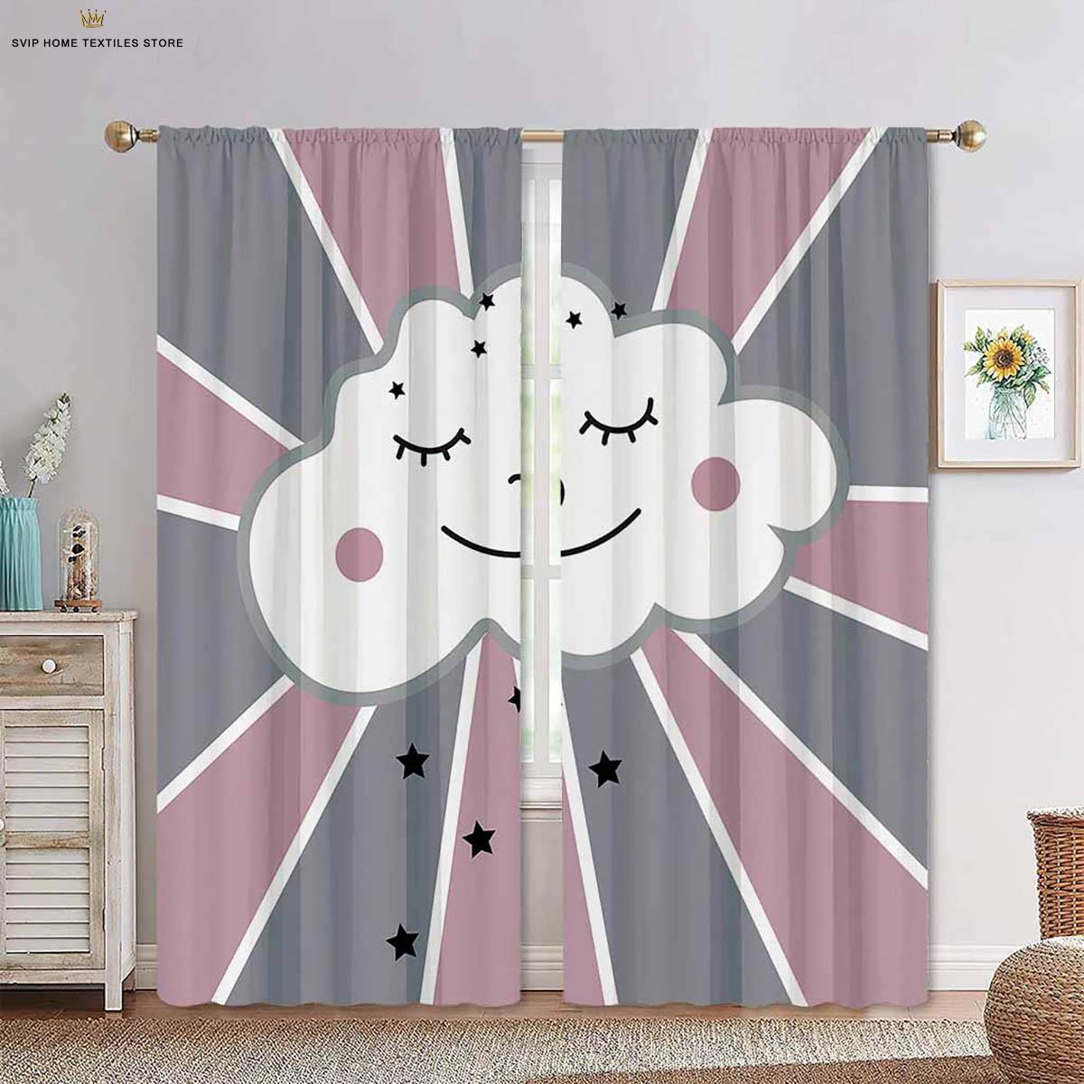 Vorhänge mit Cartoon-Print für Kinderzimmer, Dekorative Vorhänge, Niedliche Wolke Stern, Rosa, Wohnzimmer, Küche, 4 Jahreszeiten, 2 Stück W50X130H(CM)X2PCS&Grommet Top