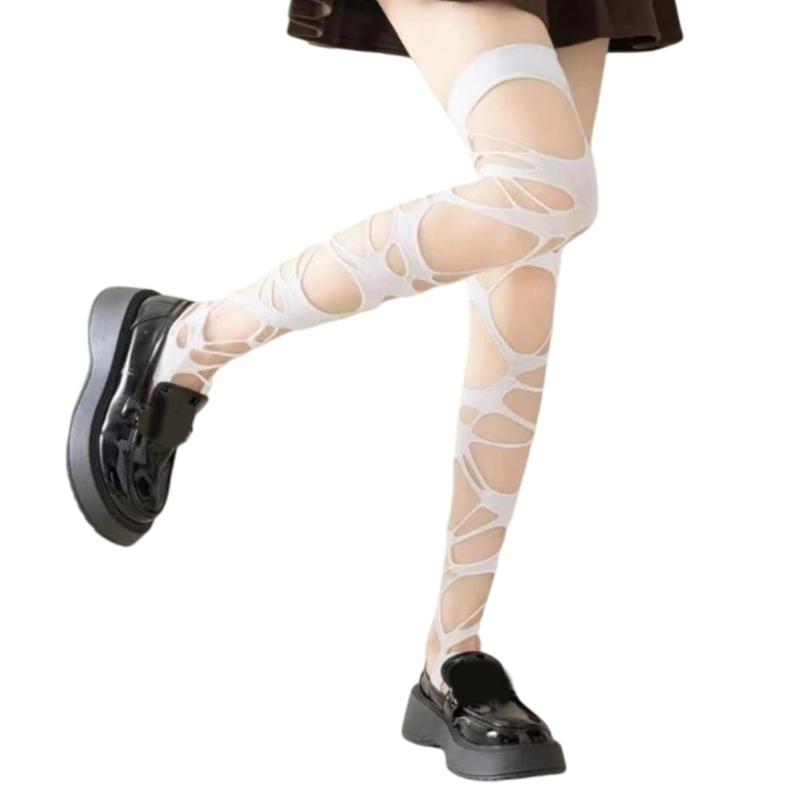Damen Zerrissene Oberschenkelhohe Socken Netzstrümpfe Unregelmäßige Abgewetzte Überknie Socken für Party Clubwear