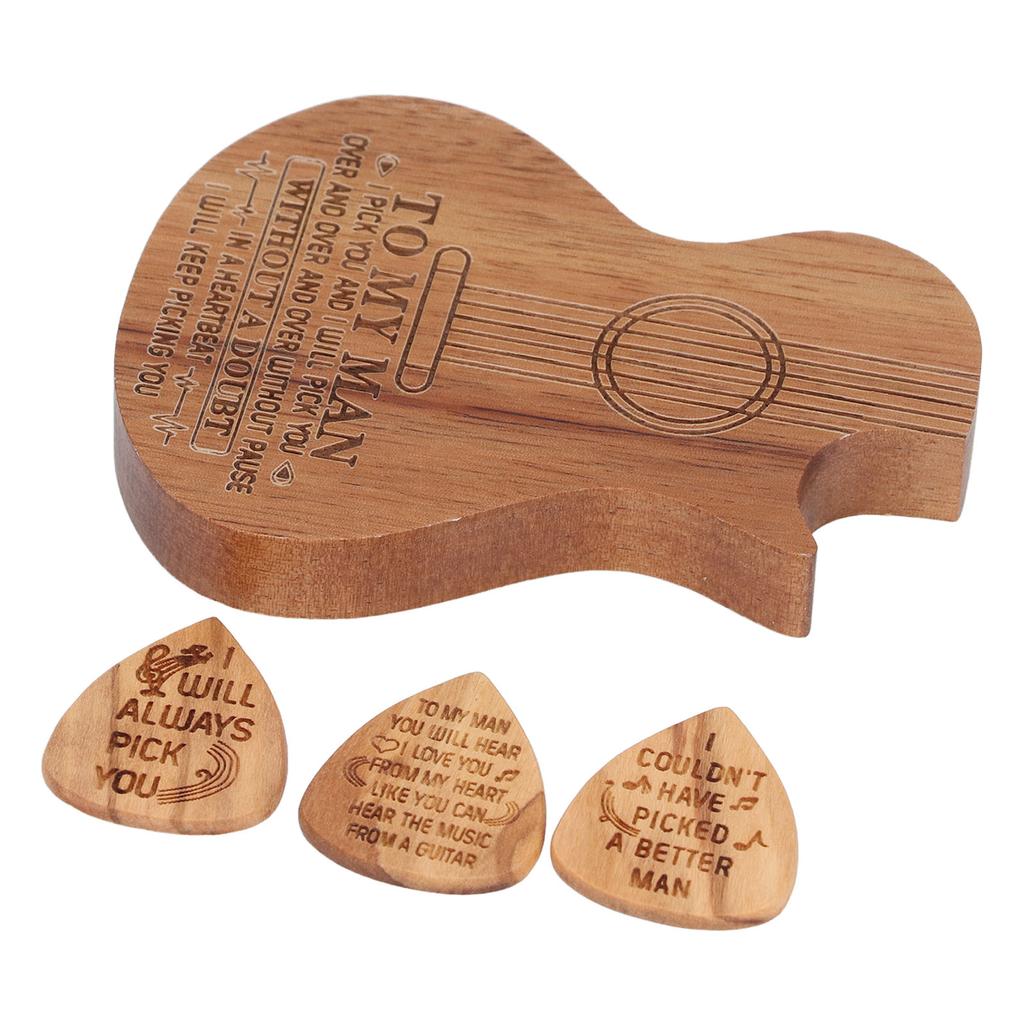 Guitar Pick Box Engraved Guitar Portable 3 Wooden Picks and Storage Case for Birthday Christmas