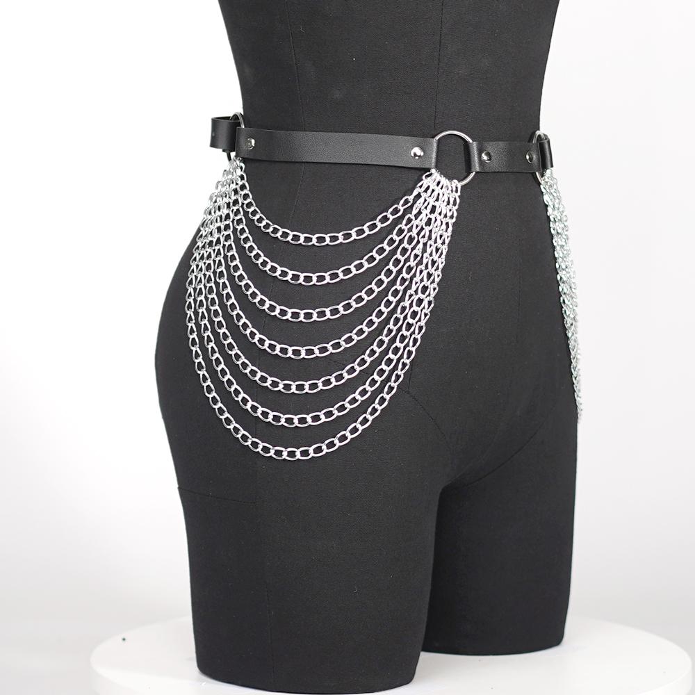 Damen Sexy Strumpfbandgürtel Lederkette Beintragegurt Bondage Dessous Oberschenkelstrumpfband Gothic Fetisch Kleidung Festival Rave Outfit