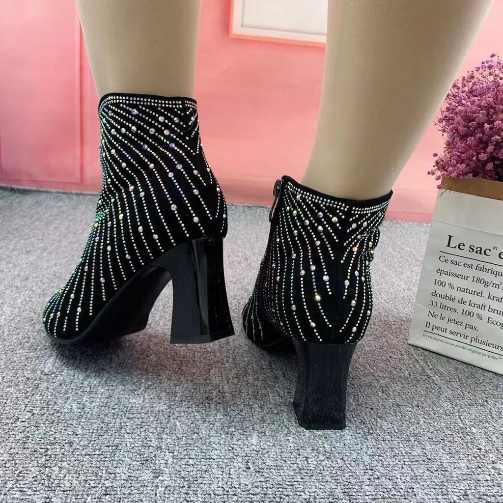 Pointed Toe Rhinestone Woman Short Shoes Autumn Winter Heeled Black Ankle Boots for Women Trend 2025 New in Booties on Promotion