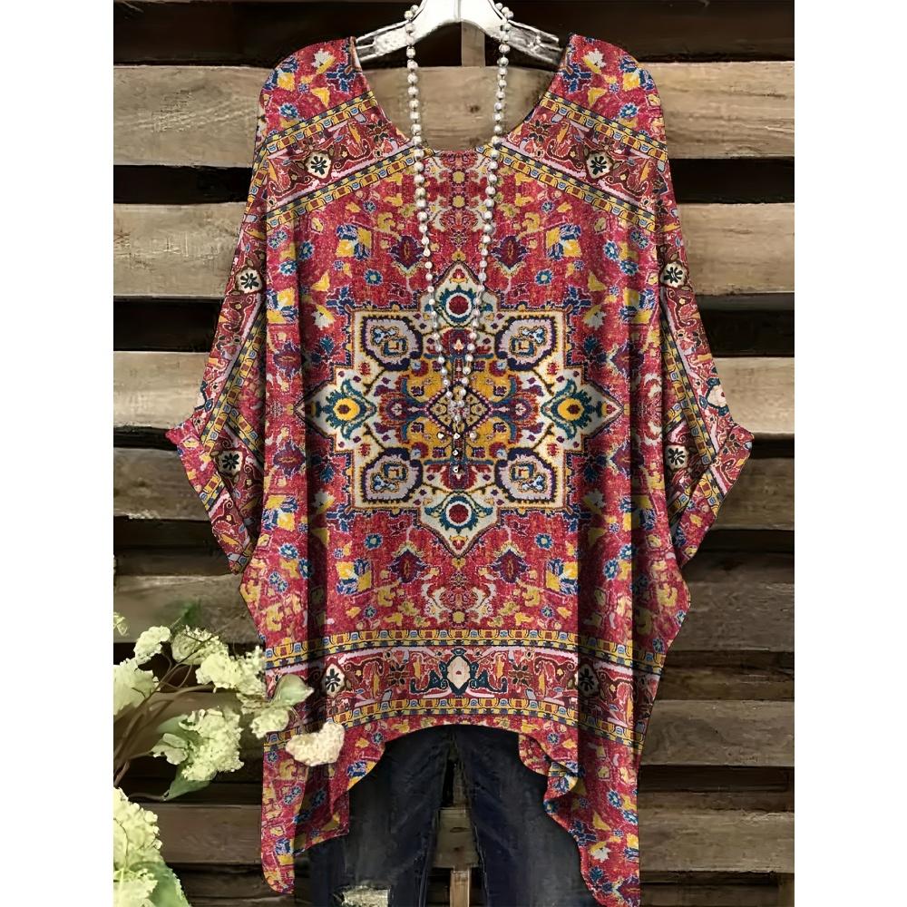 Sommer Damen T-Shirt Ethnischer Stil Gedruckter Frack Rundhalsausschnitt Lässig Bequem Y2k T-Shirt Vintage Damen Kurzarm-T-Shirt