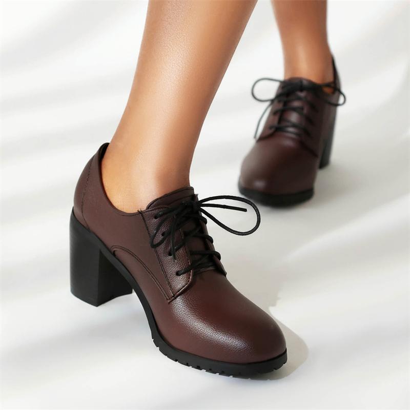 Fashion Casual High Heels Pumps Loafers Shoes Brown Black Women's Heeled Lace-up Casual Party Office Oxfords Shoes Large Size 45