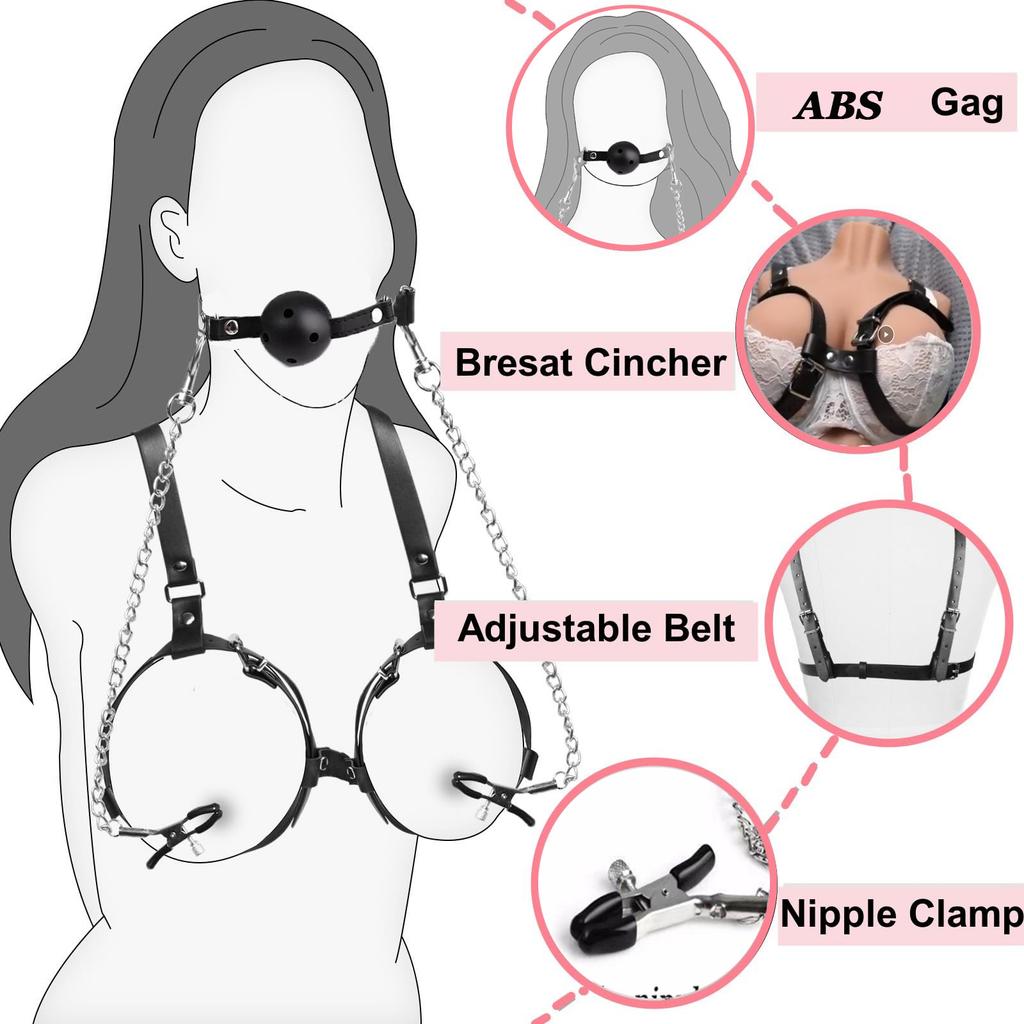 Sex Bondage Breast Restraints with Ball Gag Nipple Clamps Bondage Harness Sex Toys for Adult Women Sexy Chest SM Games
