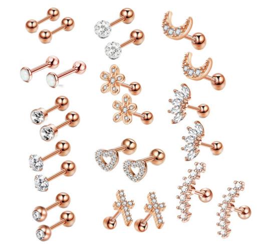 Stainless Steel Zirconia Threaded Ear Studs and Stainless Steel Piercing Ear Bone Pins Set