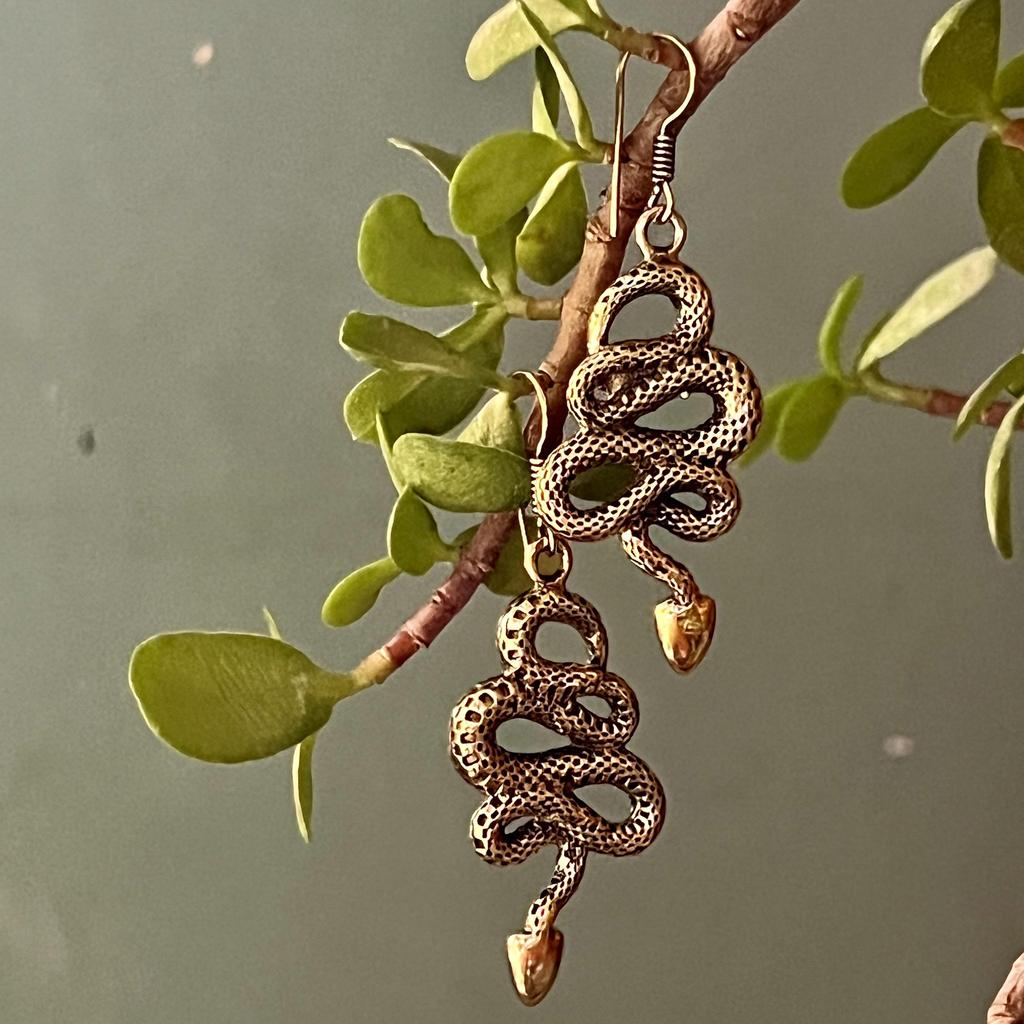 Snake earrings, cobra earring, python earring, snake hoops, gift, long earrings, snake brass earring, snake jewelry