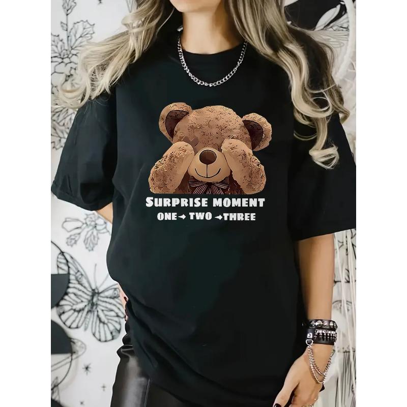 

European size Women s White Stretchy Breathable T-Shirt with Cute Cartoon Bear Graphic & Surprise Moment Text - Soft Round Neck Short Sleeve Tee 4XL