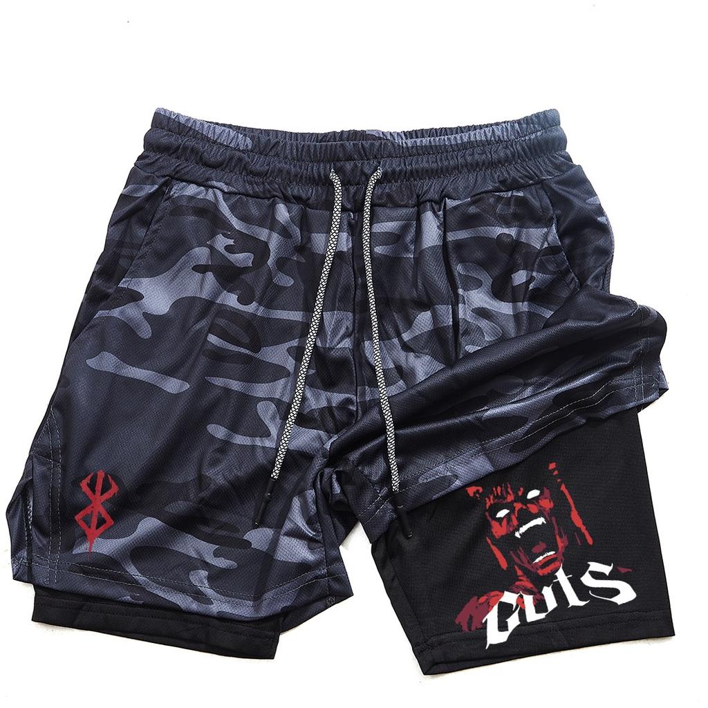 Pantalones cortos de gimnasio para hombre, ropa deportiva 2 en 1 de Anime para correr, trotar, entrenamiento, Yoga, baloncesto