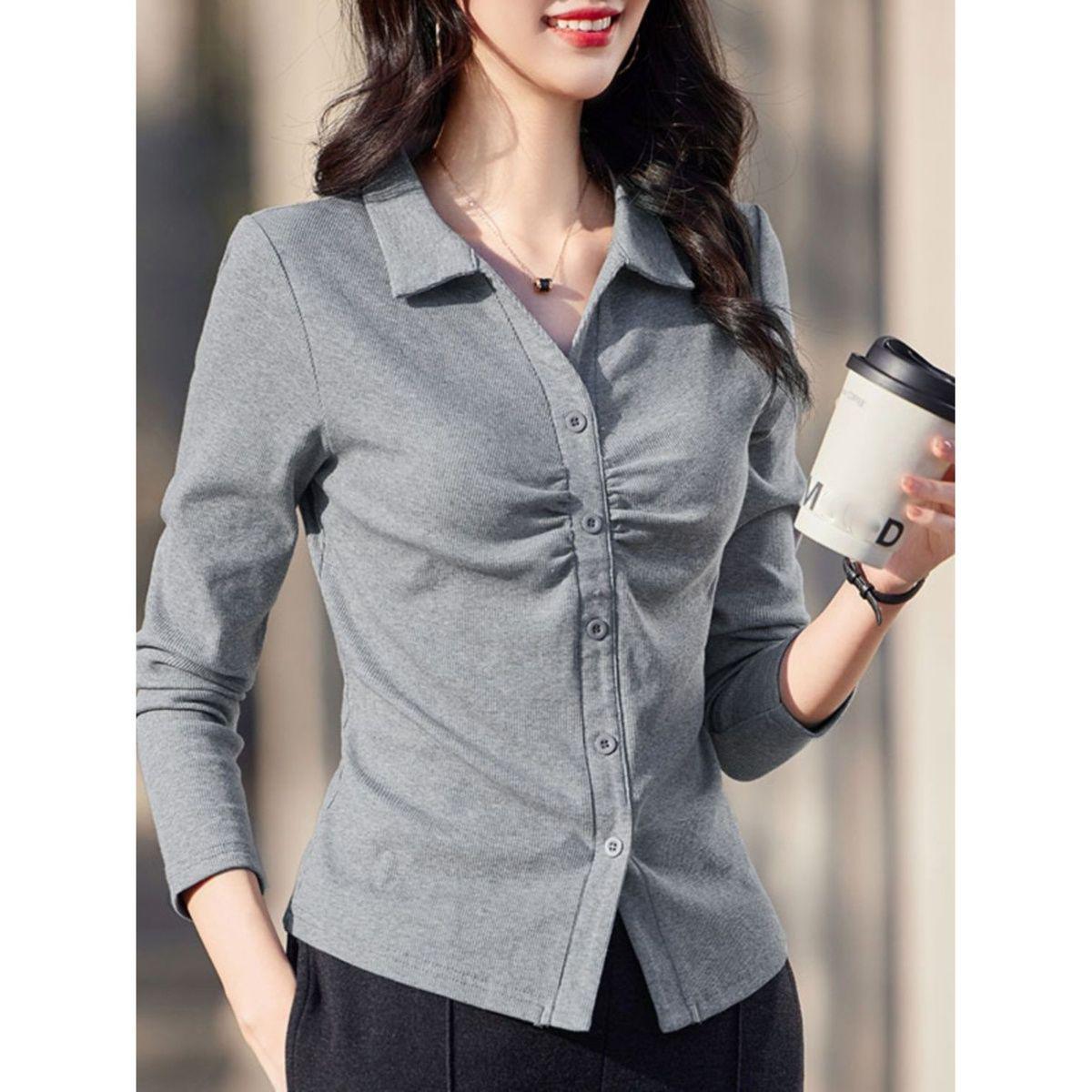 

Women s Pleated Polo Collar Long-Sleeve Top - 2025 Spring/Summer Collection L (for 100-115 lbs) чорний