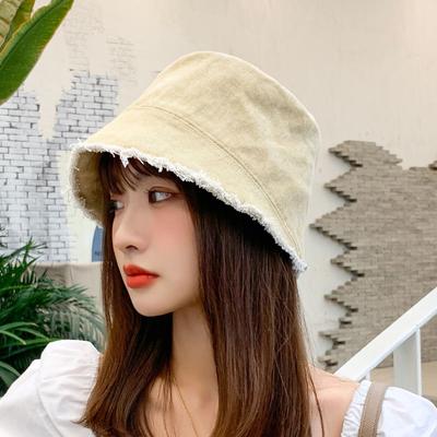 Personality Edging Washed Denim Bucket Hat Female Korean Fashion All-match Casual Sun Hat