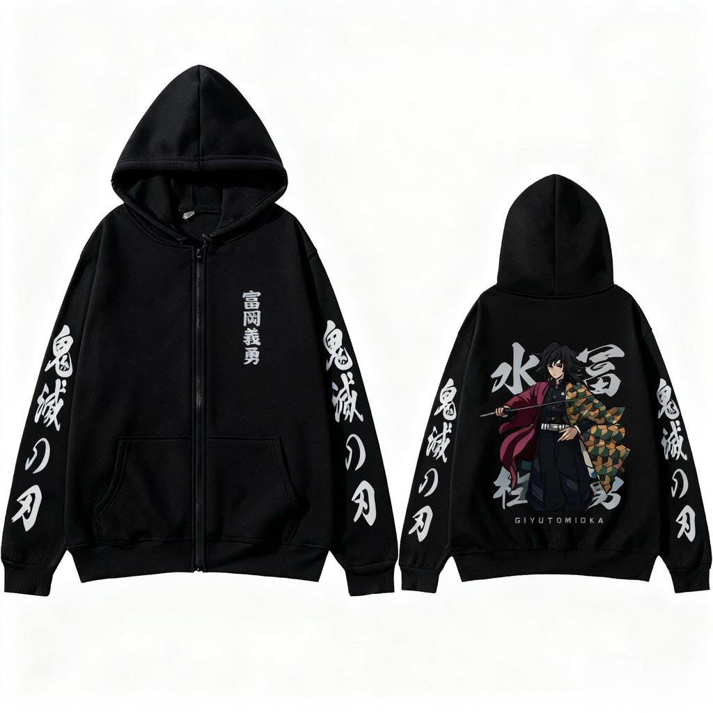 Demon Slayer Tomioka Anime Hoodie Zip Up Graphic Hooded Jacket Streetwear Autumn Sweatshirt Pullover Long Sleeve Top