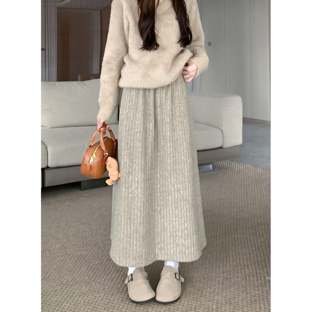 Autumn Winter Thicken A Line Skirts Casual High Waisted Long Skirt Vintage Midi Skirts