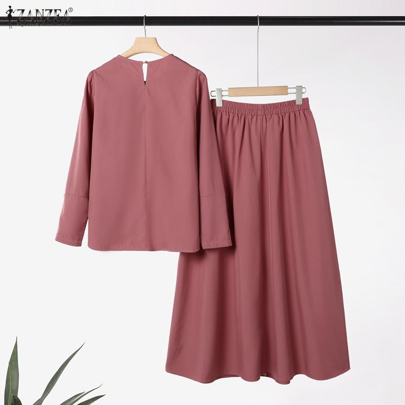 ZANZEA Women Long Sleeve Print Blouse and Long Skirts Muslim Two Piece Suit Sets