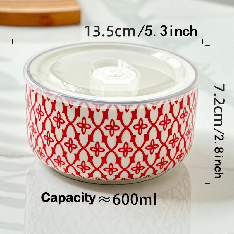 1-Pack 5.3 Inch Bohemian Lidded Fresh-Keeping Bowl, Microwave-Safe Multi-Purpose Fresh-keeping Bowl, Fruit/Salad/Pasta/Rice/Soup