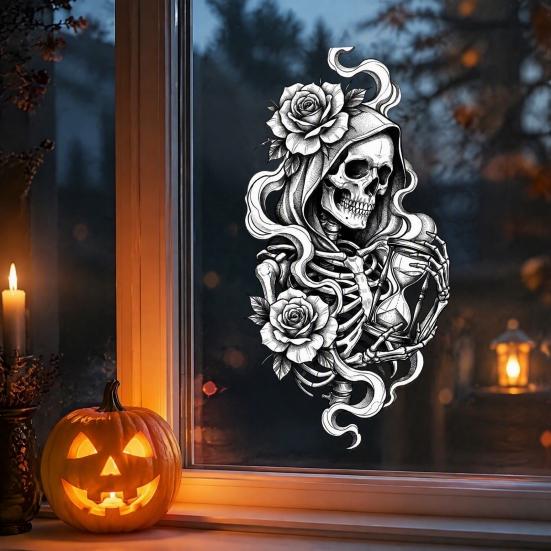 Skull Rose Window Cling Halloween Skeleton And Static Clings, Removable Sketch & Decoration Flower Glass Sticker, Waterproof PVC Decal for Home Store