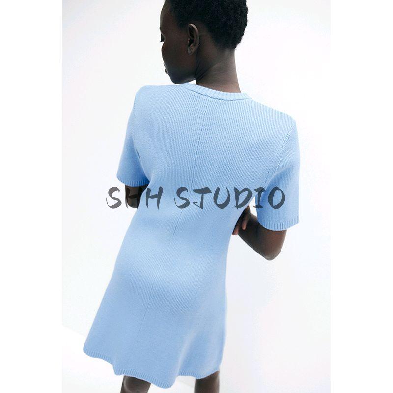 Spring and Summer Women clothes Simple Style round Neck Short sleeve Cotton Front Buckle Rib Knitted dress 1229076