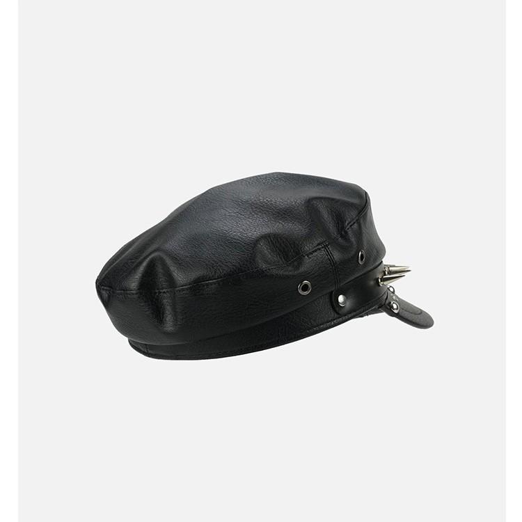 Niche tmavý punkový styl nýtovaný baret z PU kůže dámská osobnost horká dívka kožená přezka retro pouliční osmihranný klobouk trend