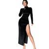 2023Damen solides Samt-Langarm-Midikleid, seitlicher Schlitz, figurbetont, sexy Streetwear, Party, elegant, Club, Stehkragen, langer Samtrock, schmales, gerüschtes Schlitzkleid