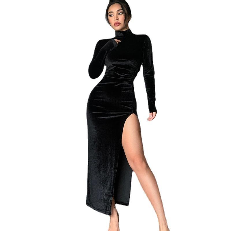2023Damen solides Samt-Langarm-Midikleid, seitlicher Schlitz, figurbetont, sexy Streetwear, Party, elegant, Club, Stehkragen, langer Samtrock, schmales, gerüschtes Schlitzkleid