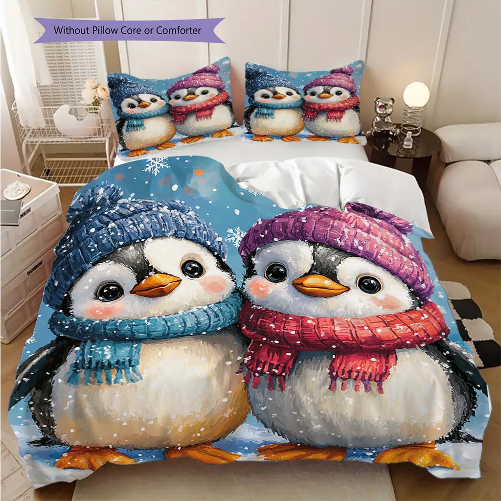 Penguin Pattern Bedding Quilt Set Quilt Cover Pillowcase Home Decoration Birthday Gift (1 * duvet cover + 2 * pillowcase, without core)