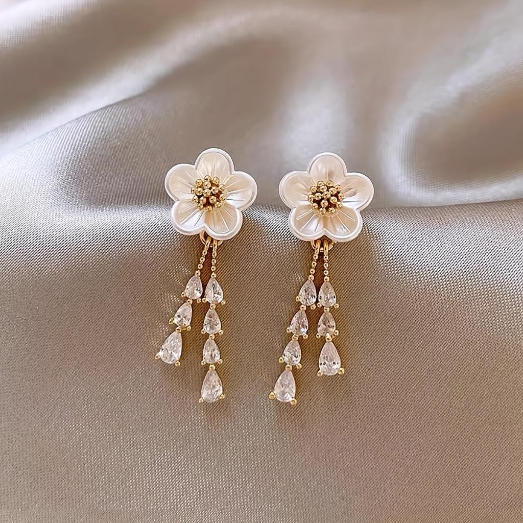 1Pair of Simple French Elegant Delicate Flower Design, Drop-shaped Artificial Glass Inlaid Women's Spring and Summer Vacation Casual Earrings
