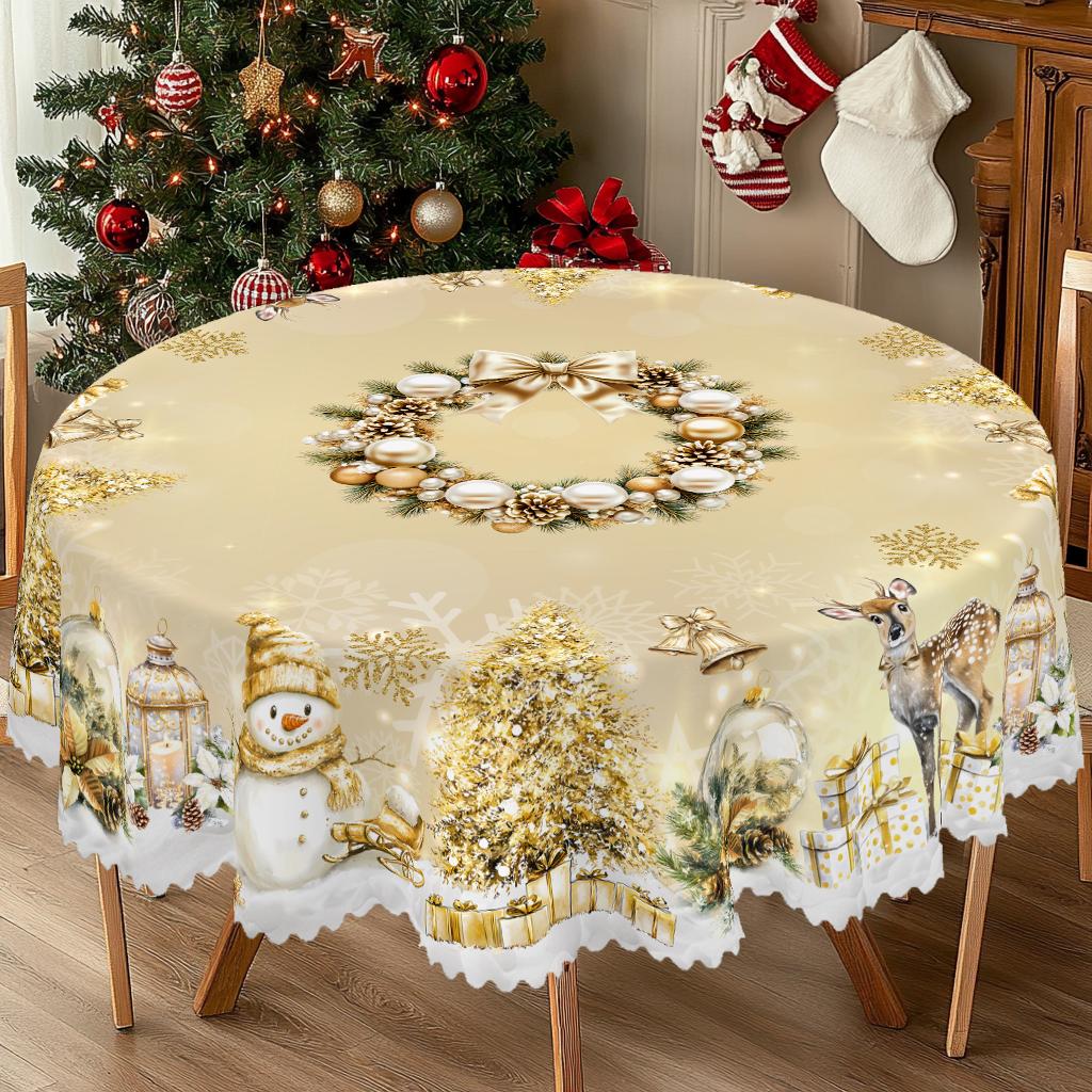 1 Stück Tischdecke mit fröhlichem Weihnachtsthema, goldfarben bedruckt, mit Schneemännern, Rentieren, Weihnachtsbäumen und Kranzmotiven, geeignet für Weihnachten, N