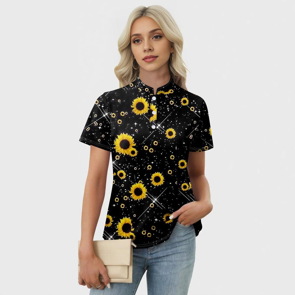 Women's Casual Floral Print V-Neck Short Sleeve Decorative Button T-Shirt Top