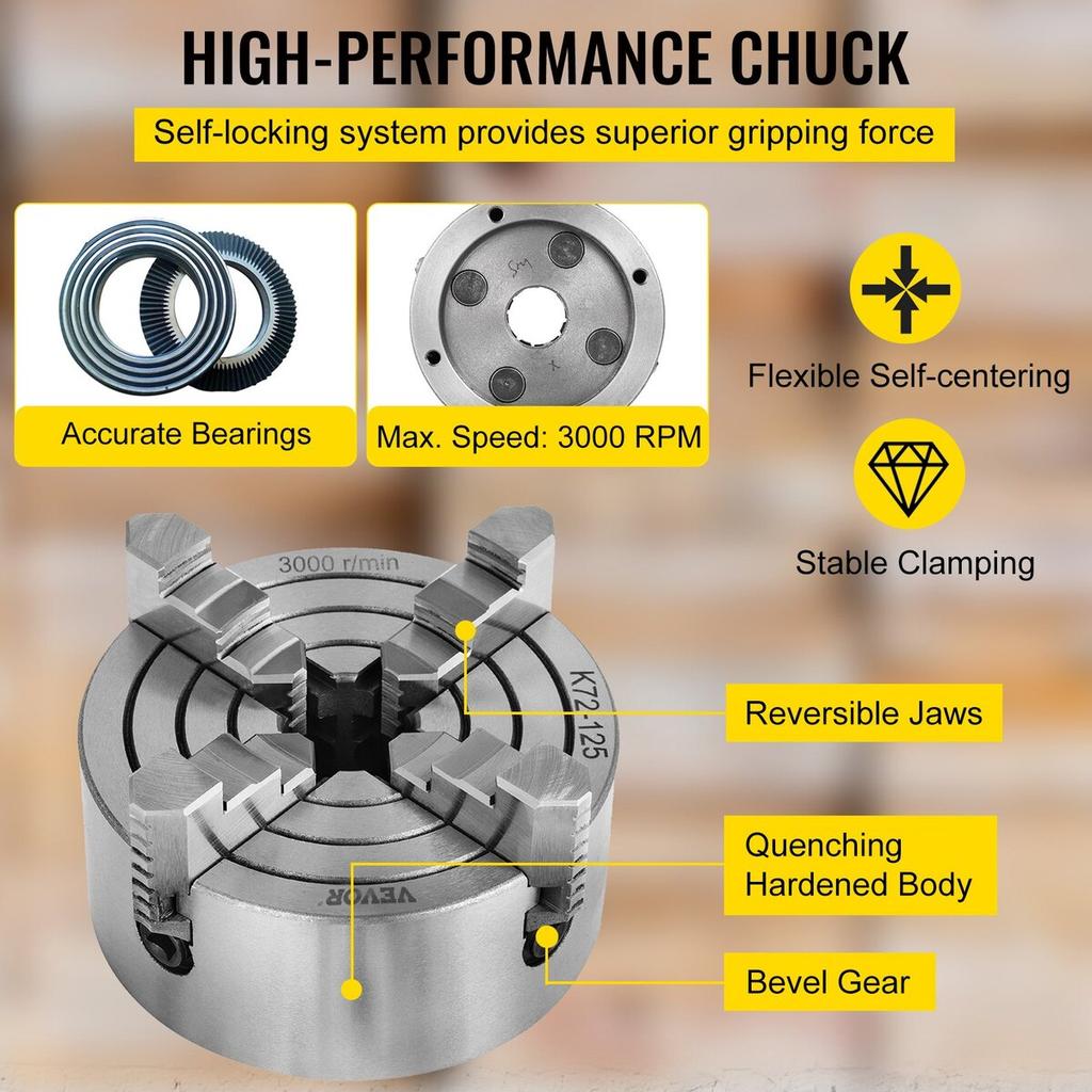 K72-125 5 Inch Lathe Chuck Independent Reversible Jaw 125MM Metal Turning Machine Accessories for Mini Metal Lathe Machine 4 Jaw Lathe Chuck