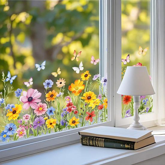 Spring Summer Flower Butterfly Window Cling Colorful Floral Window Sticker Removable Double-Sided Static Decals for Home Office Classroom Decor