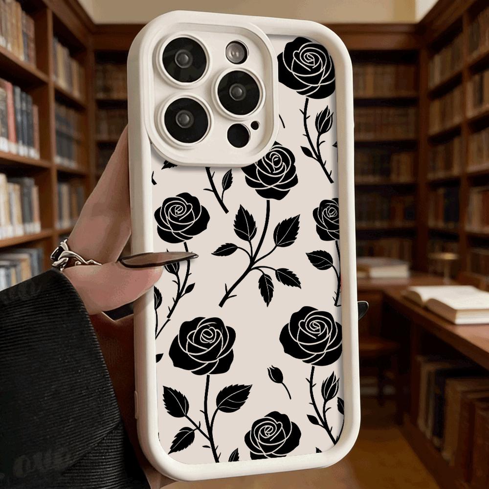 Schwarzes Rosenmuster Weiche TPU-Handyhülle für iPhone 17 16 15 14 13 12 11 Pro Max Plus Stoßfeste Anti-Rutsch-Abdeckung