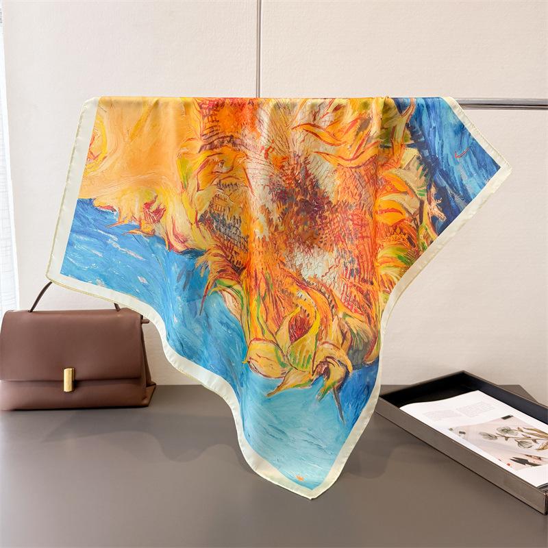 Elegant Oil Painting Print Silk Head Scarf Women Square Hijab Soft Neck Tie Female Fashion Decorate Silk Headscarf Kerchief