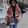 Casual Women's Wear Geometric Pattern Printed Horn-button Double-sided Fleece Jacket