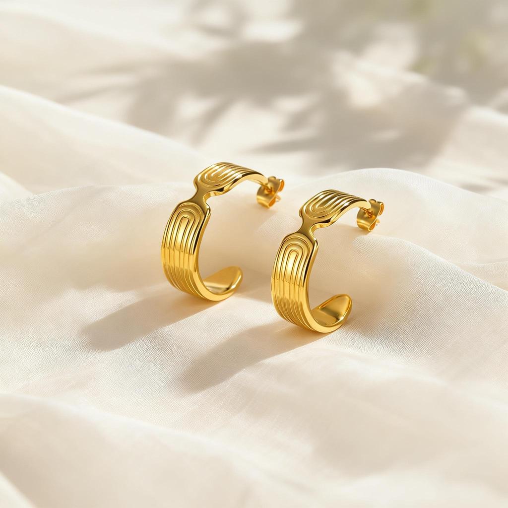 Stainless Steel C-shaped Irregular Texture Earrings for Women Geometric Stripe Metal Stud Earrings Gold Plated Statement Jewelry